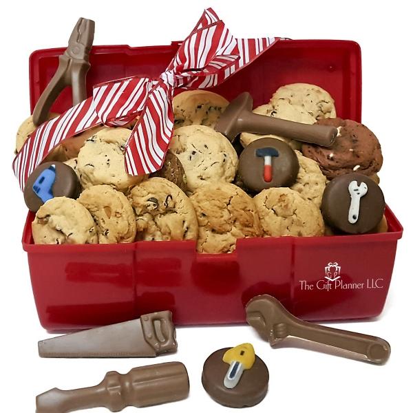 Corporate Construction Cookie And Chocolate Toolbox ships open as a gift basket and is filled with an assortment of 30 delicious chewy assorted cookies and construction themed chocolate tools