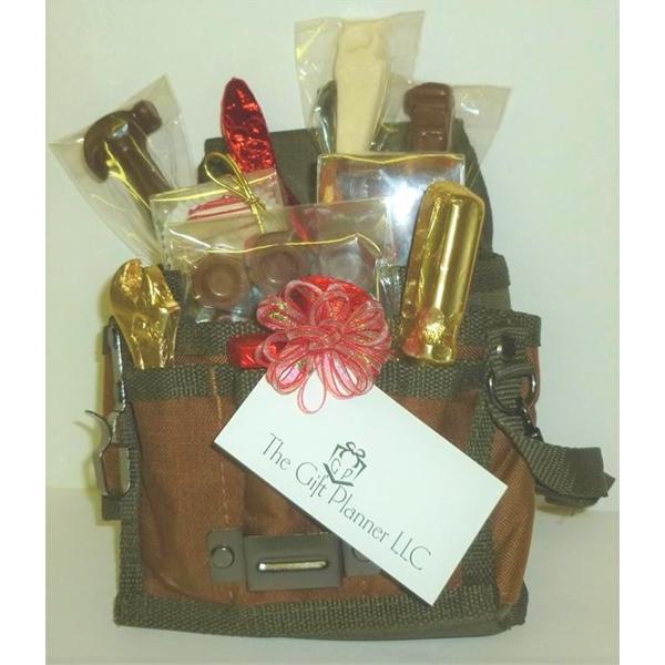A tool bag filled with construction themed chocolate tools of the trade. Decorated using your logo in using your corporate colors. Unique and creative corporate gifts perfect for holiday gifts, thank you gifts and more.
